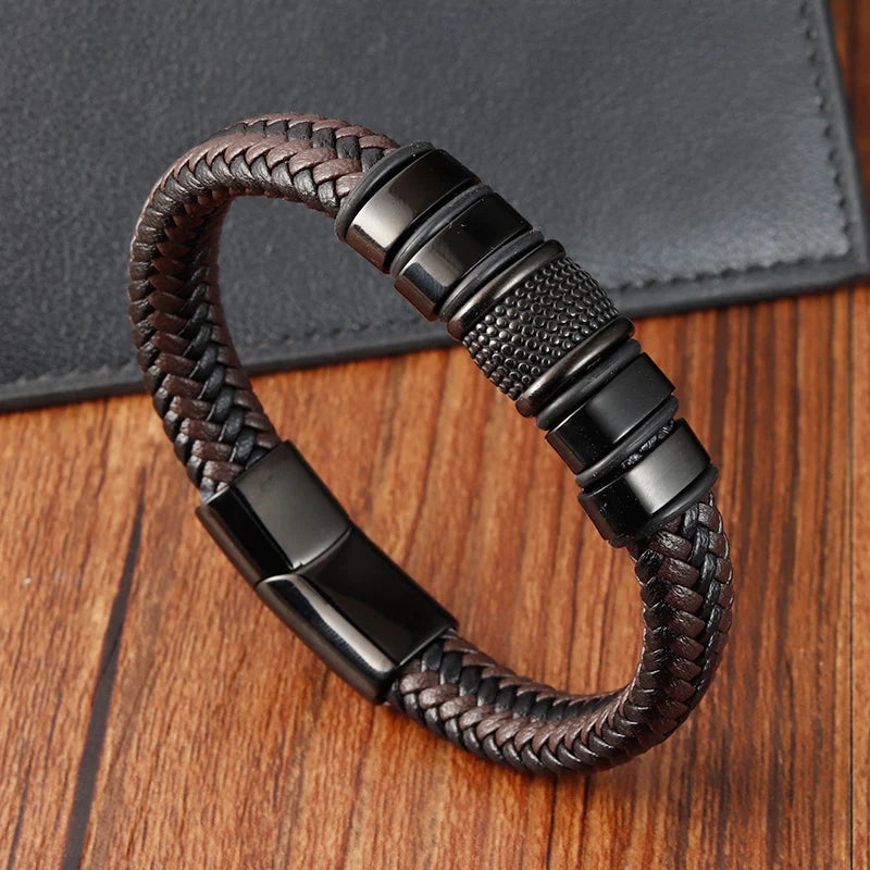 Brand Fashion Handmade Men's Leather Bracelet Trendy Classic Charm Braided Wrap Stainless Steel Bracelets Punk Bangles