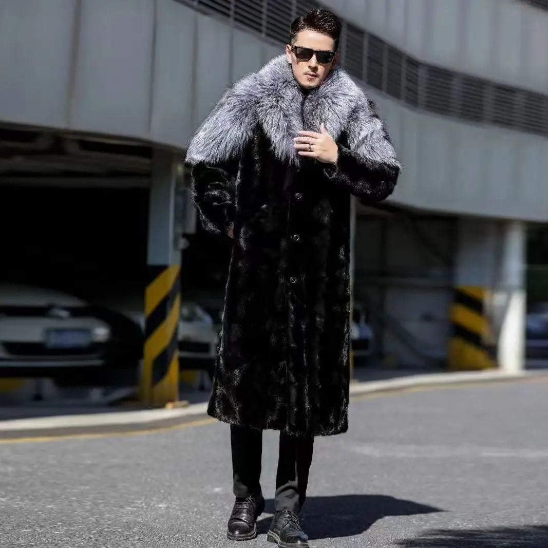 Men's Faux Mink Coat Winter Long Fur Coat Black Color Warm Windbreaker Plus Size Fur Collar Luxur Brands Men's Clothing Jackets