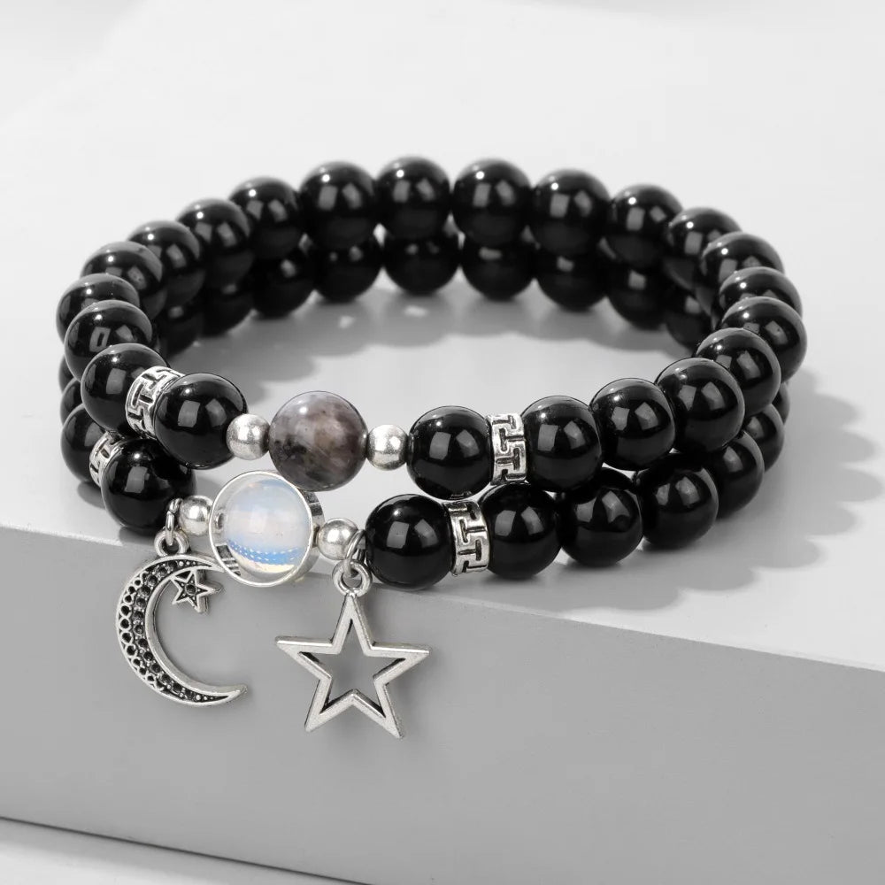 2pcs/set Star Moon Couples Labradorite Bracelet Natural Stone Black Onyx Opal Beads Stretch Bracelets for Women Men Jewelry Gift