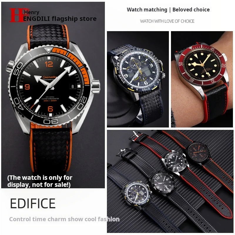 Men's Carbon Fiber Rubber Watchband For Omega SEAMASTER Tudor Black bay  Clasp Strap Watch band Men Orange White Red accessories