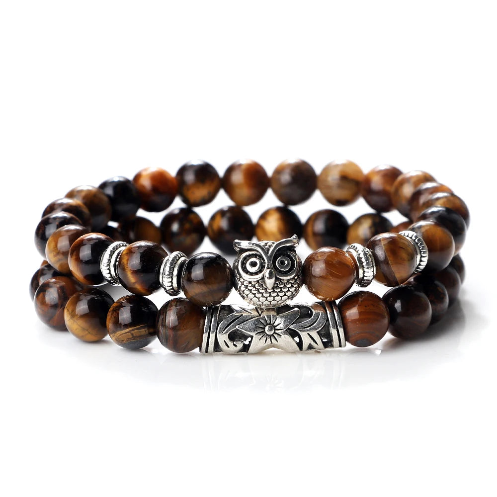 Fashion Natural Stone Beads Bracelet For Men Classic Owl Beaded Black Lava Onyx Beads Charm Bracelets Women Jewelry Couples Gift