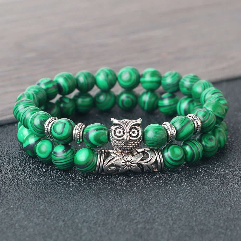 Fashion Natural Stone Beads Bracelet For Men Classic Owl Beaded Black Lava Onyx Beads Charm Bracelets Women Jewelry Couples Gift