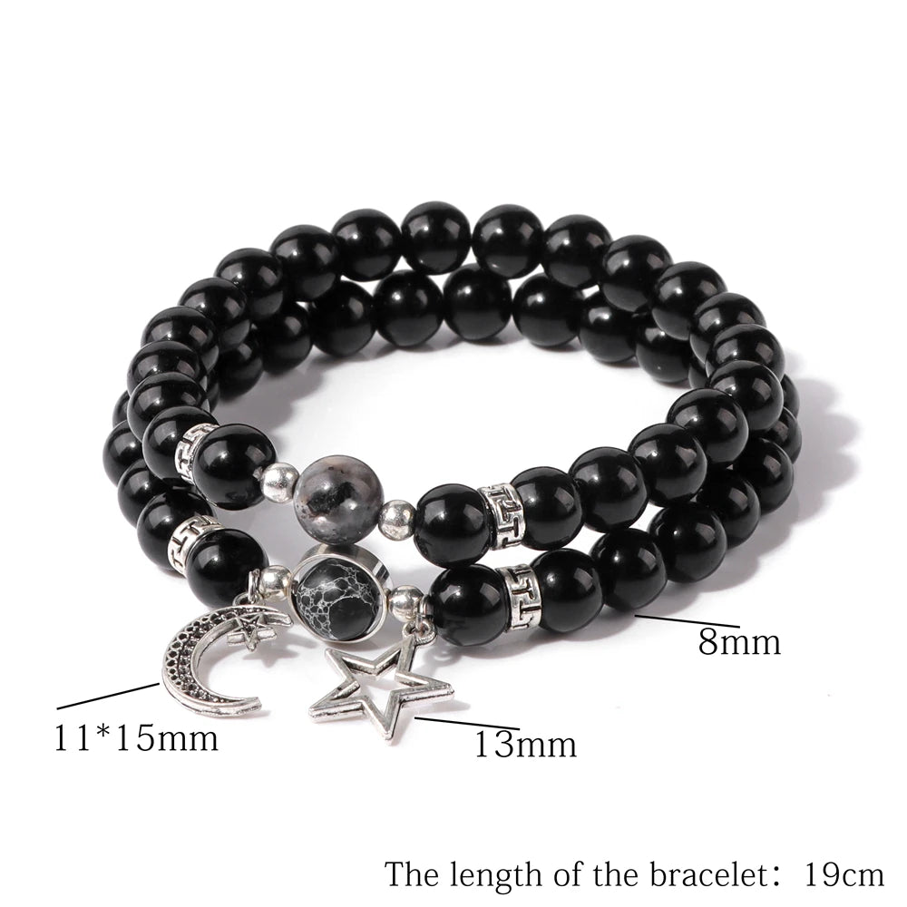 2pcs/set Star Moon Couples Labradorite Bracelet Natural Stone Black Onyx Opal Beads Stretch Bracelets for Women Men Jewelry Gift