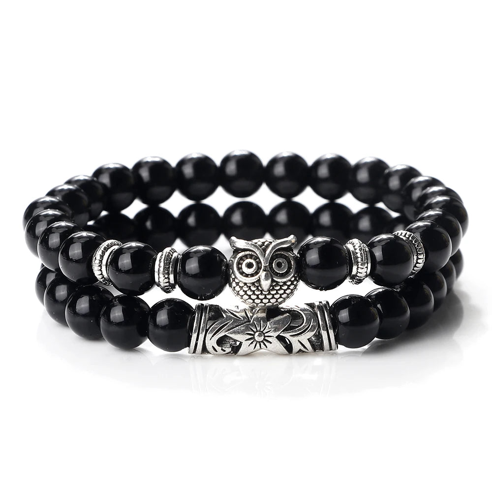 Fashion Natural Stone Beads Bracelet For Men Classic Owl Beaded Black Lava Onyx Beads Charm Bracelets Women Jewelry Couples Gift