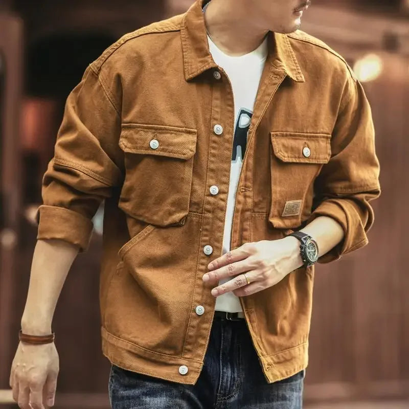 Cargo Oversize Cowboy Coat for Men Brown Cotton Denim Jackets Man Joker of Fabric Korea Japanese Retro Outwear Size L Lxury Worn