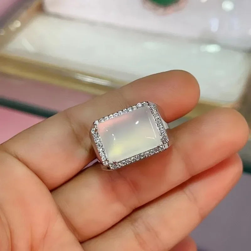 Natural White Agate Gemstone Ring 925 Silver Inlay Simple Exquisite High Ice White Chalcedony Ring Men and Women Holiday Gift