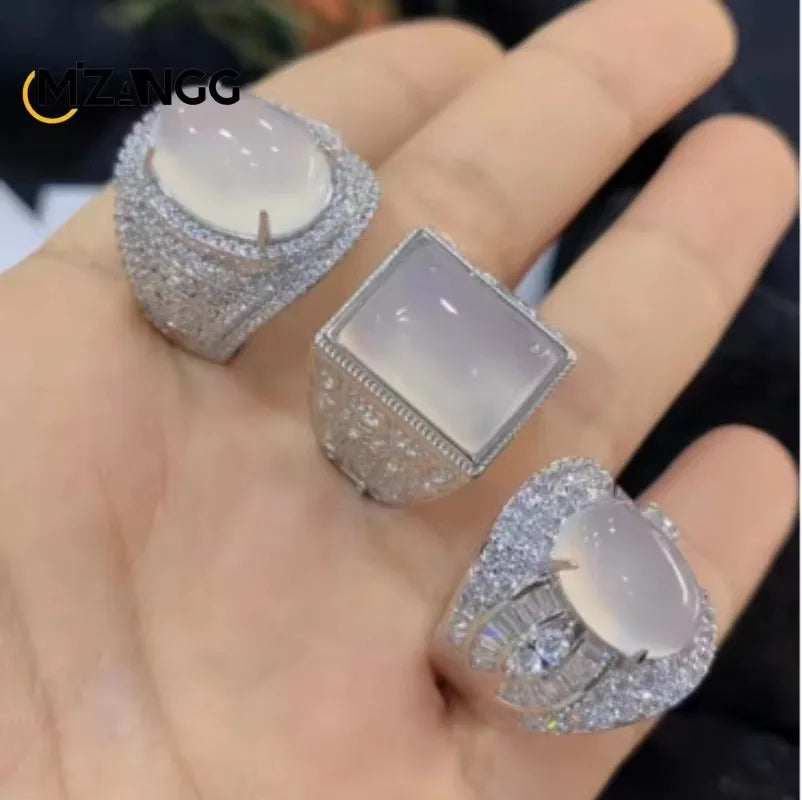 Natural White Agate Gemstone Ring 925 Silver Inlay Simple Exquisite High Ice White Chalcedony Ring Men and Women Holiday Gift