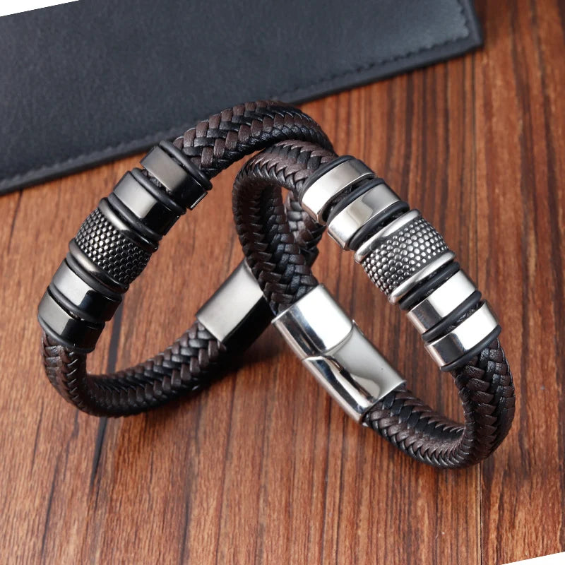 Brand Fashion Handmade Men's Leather Bracelet Trendy Classic Charm Braided Wrap Stainless Steel Bracelets Punk Bangles