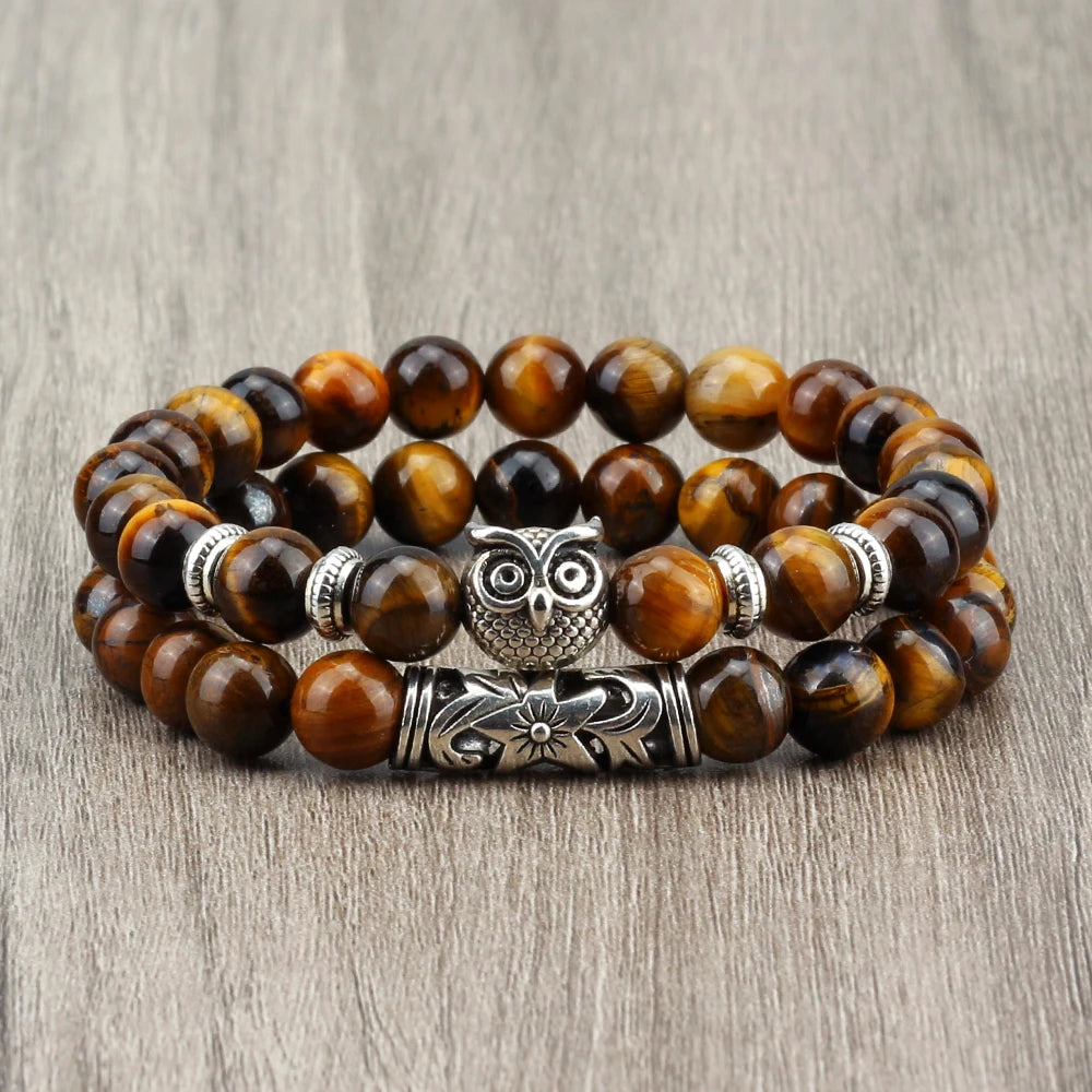 Fashion Natural Stone Beads Bracelet For Men Classic Owl Beaded Black Lava Onyx Beads Charm Bracelets Women Jewelry Couples Gift