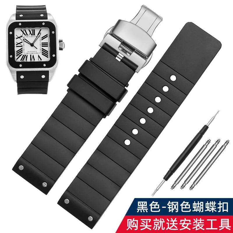 For Cartier Santos 100 rubber watch band black Rivet silicone strap 20mm 23mm watch band men women Brown blue soft bracelet