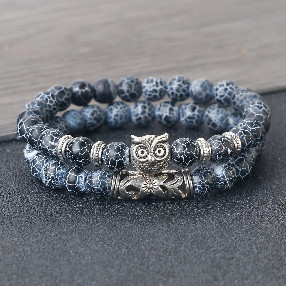 Fashion Natural Stone Beads Bracelet For Men Classic Owl Beaded Black Lava Onyx Beads Charm Bracelets Women Jewelry Couples Gift