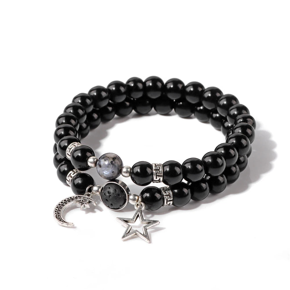 2pcs/set Star Moon Couples Labradorite Bracelet Natural Stone Black Onyx Opal Beads Stretch Bracelets for Women Men Jewelry Gift