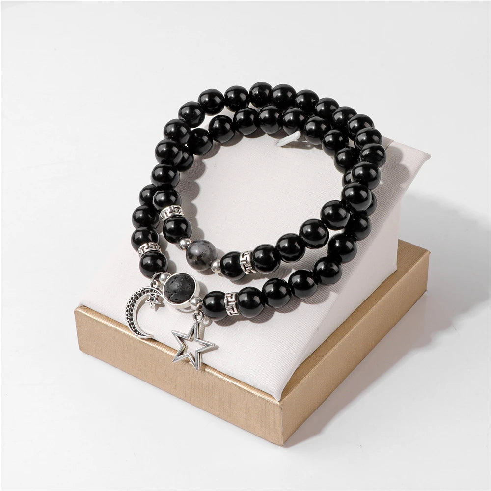 2pcs/set Star Moon Couples Labradorite Bracelet Natural Stone Black Onyx Opal Beads Stretch Bracelets for Women Men Jewelry Gift