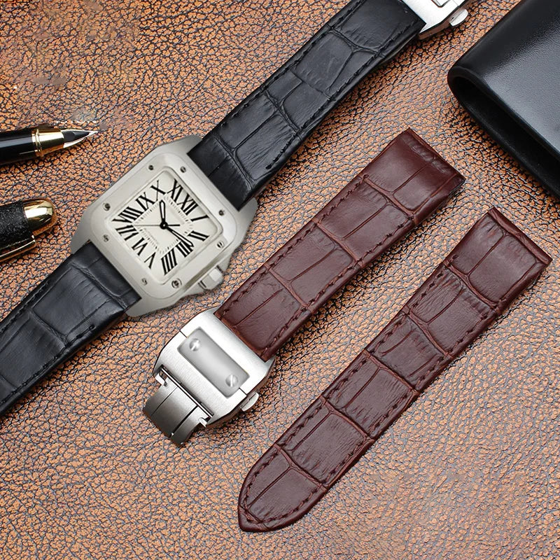 cowhide watch strap For Cartier Santos 100 Series Men And Women Folding Buckle black brown Watch band 20mm 23mm Replace bracelet