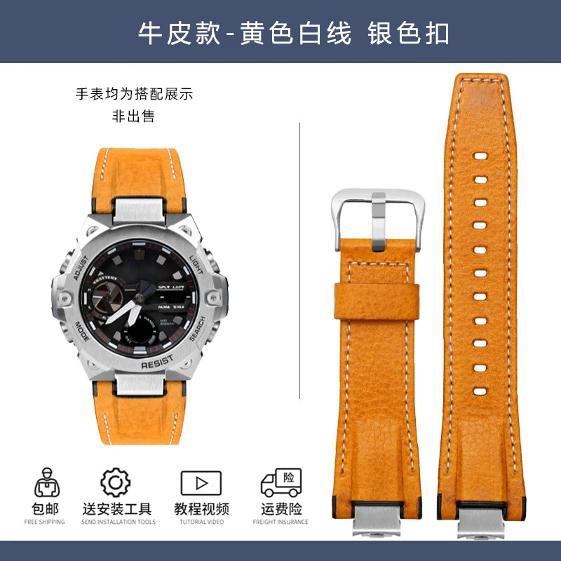 14mm Stainless Steel adapter Italian Genuine Leather Watchband For Casio G-Shock GST-B400 men cowhide Watch Strap nylon Bracelet