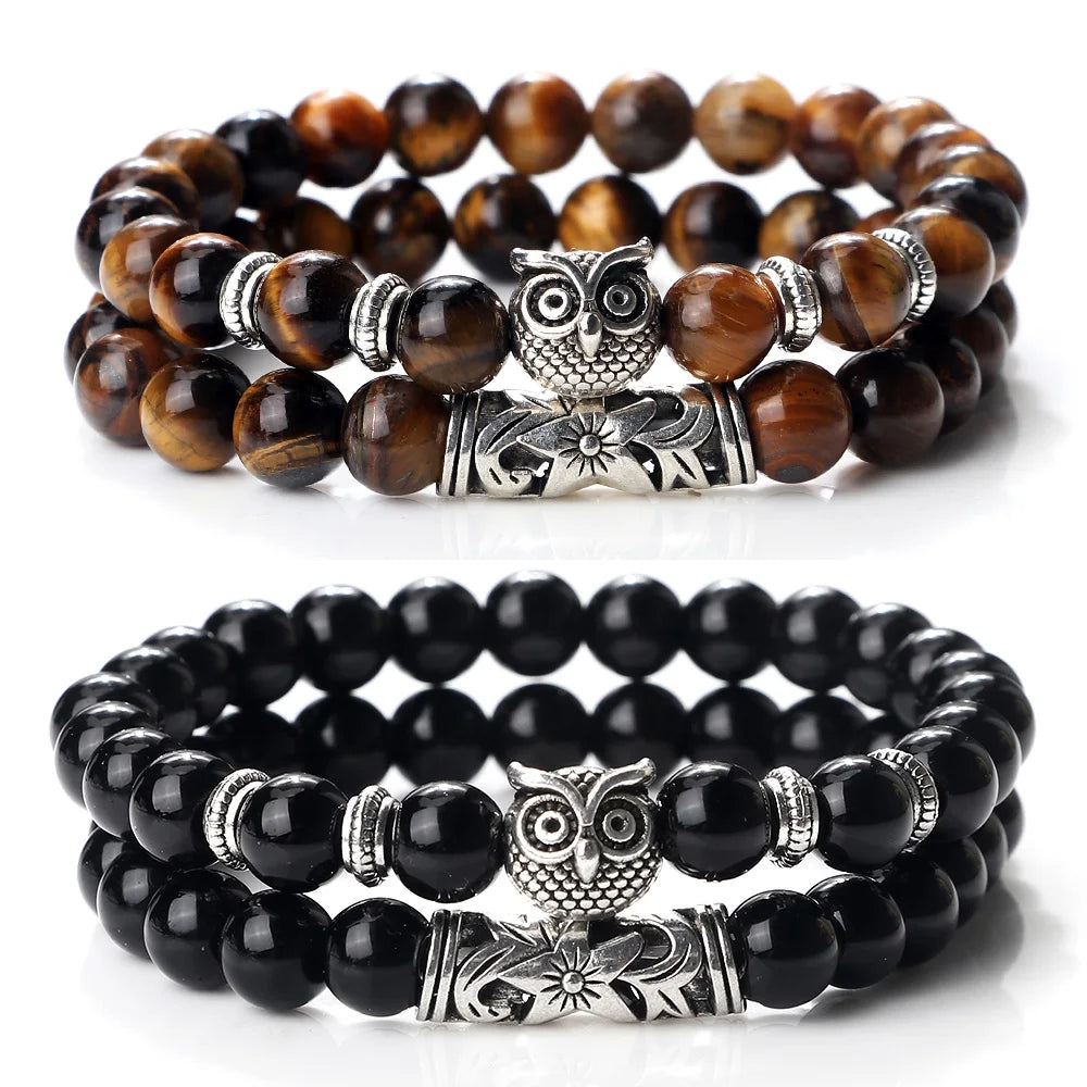 Fashion Natural Stone Beads Bracelet For Men Classic Owl Beaded Black Lava Onyx Beads Charm Bracelets Women Jewelry Couples Gift