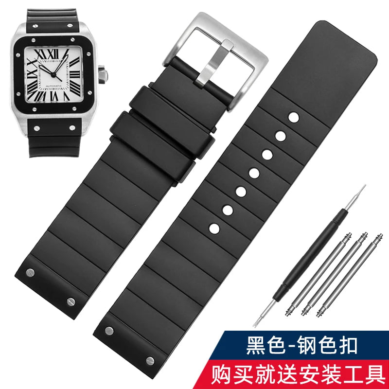 For Cartier Santos 100 rubber watch band black Rivet silicone strap 20mm 23mm watch band men women Brown blue soft bracelet