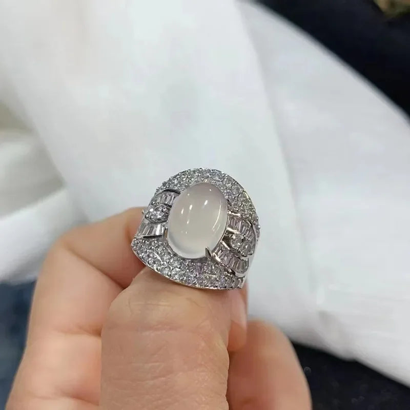 Natural White Agate Gemstone Ring 925 Silver Inlay Simple Exquisite High Ice White Chalcedony Ring Men and Women Holiday Gift