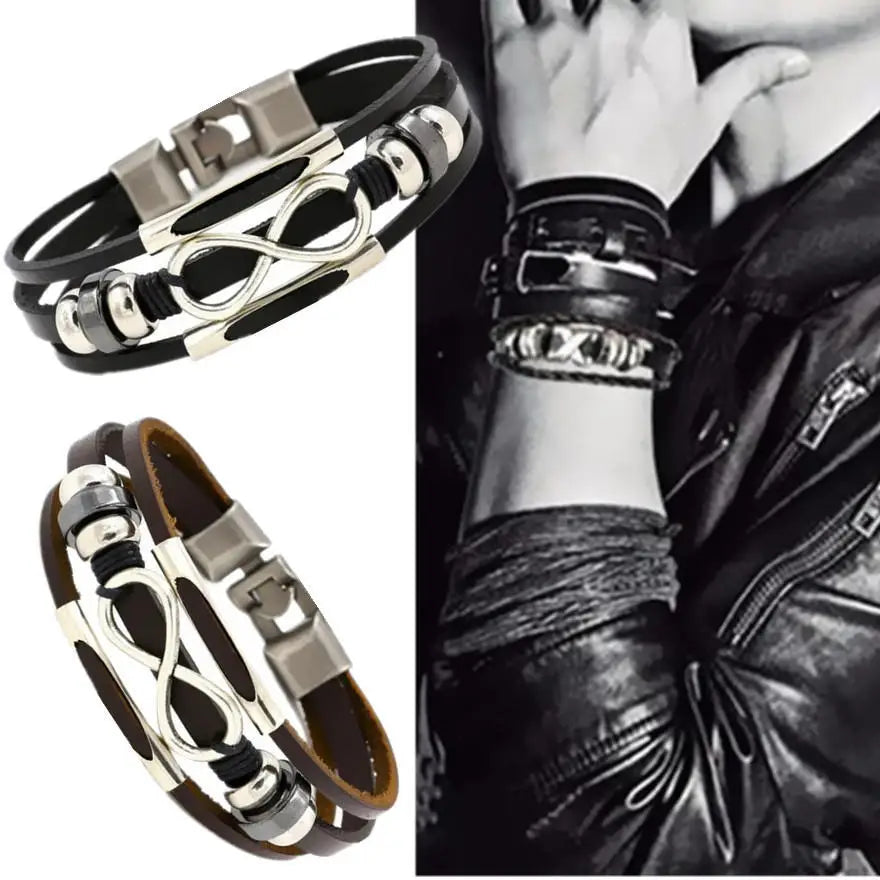 Fashion Men Chic Leather Braided Bracelets Alloy Cuff Bangle Wristbands charm bracelet