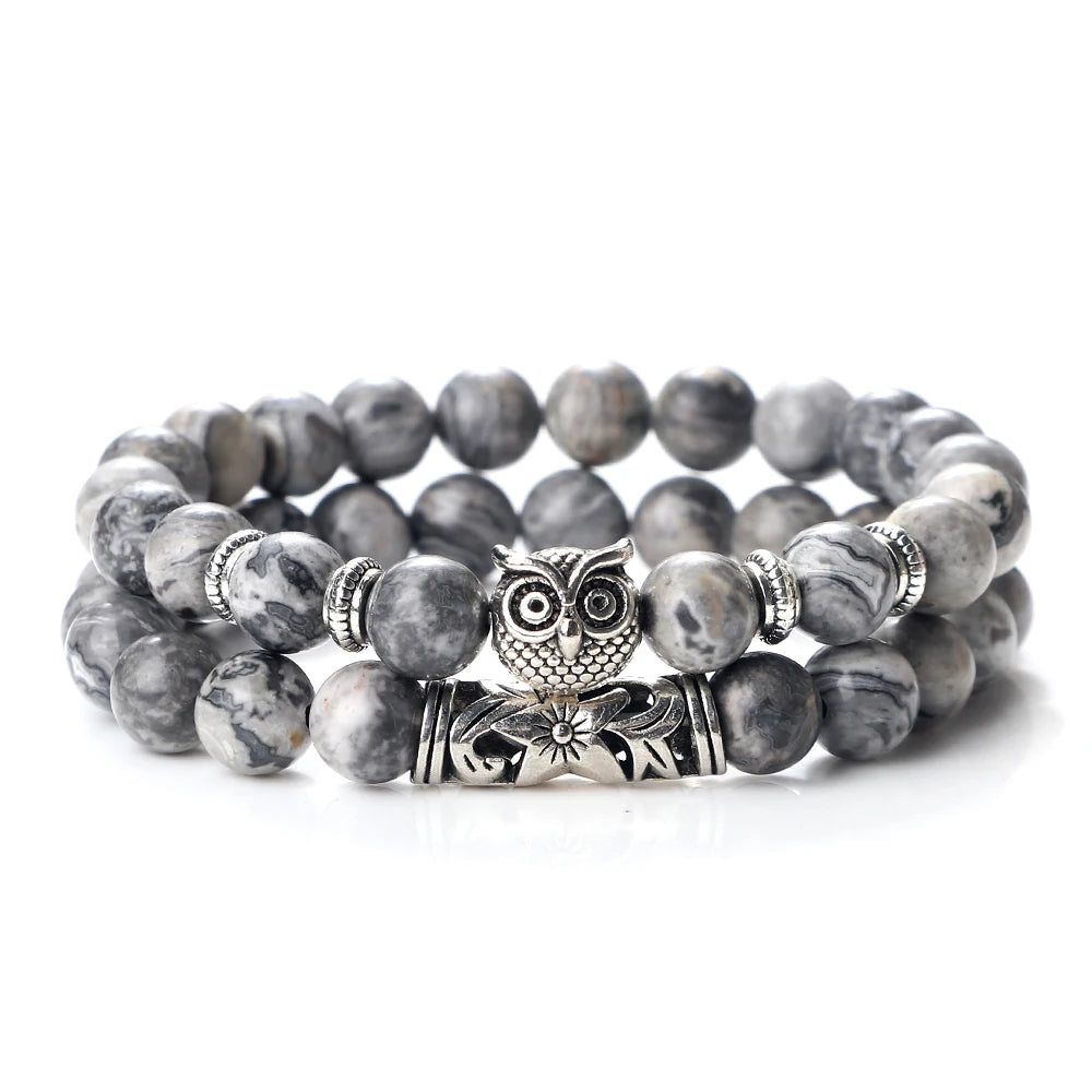 Fashion Natural Stone Beads Bracelet For Men Classic Owl Beaded Black Lava Onyx Beads Charm Bracelets Women Jewelry Couples Gift