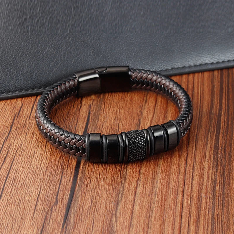 Brand Fashion Handmade Men's Leather Bracelet Trendy Classic Charm Braided Wrap Stainless Steel Bracelets Punk Bangles