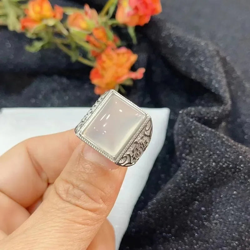 Natural White Agate Gemstone Ring 925 Silver Inlay Simple Exquisite High Ice White Chalcedony Ring Men and Women Holiday Gift