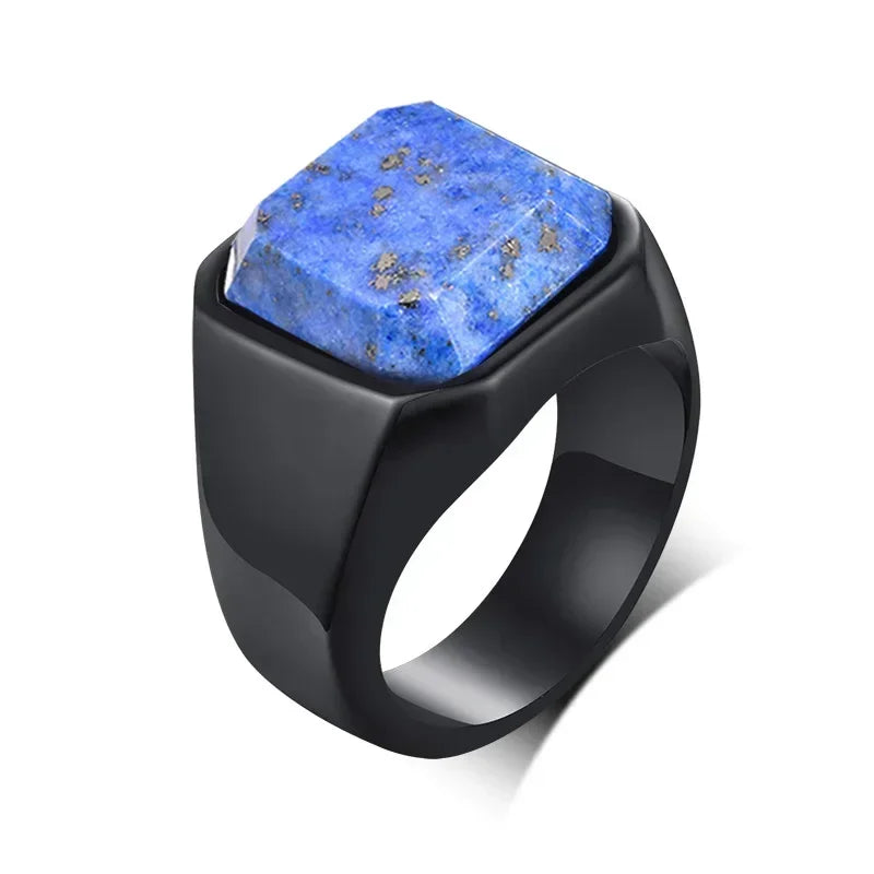 Vintage Men's Signet Rings Square Natural Tiger’s Eye Lapis Lazuli Stone Classic Male Stainless Steel Jewelry Gift for Boyfriend