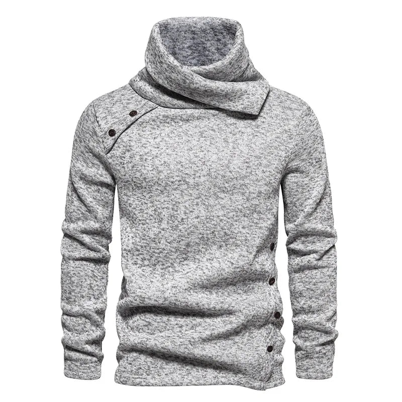 Gray Turtleneck Sweater for Men Fashion Oblique Button Long Sleeve Knit Sweaters Mens Casual British Style Bottoming Undershirt