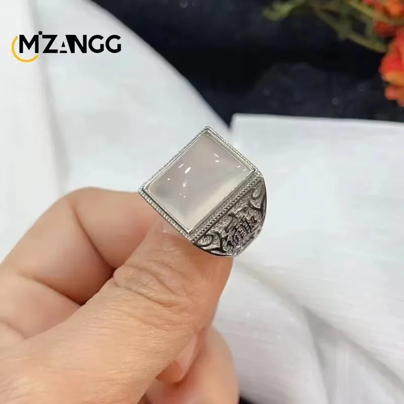 Natural White Agate Gemstone Ring 925 Silver Inlay Simple Exquisite High Ice White Chalcedony Ring Men and Women Holiday Gift