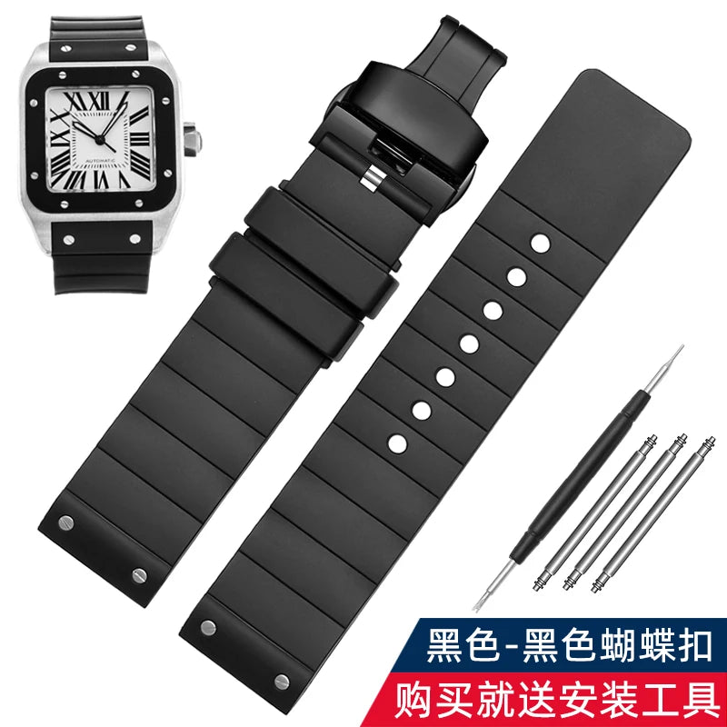 For Cartier Santos 100 rubber watch band black Rivet silicone strap 20mm 23mm watch band men women Brown blue soft bracelet