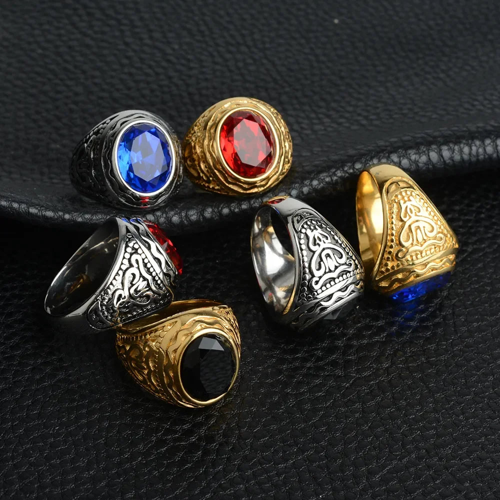 Handmade Navy Blue Stone Rings for Men Engraved Rock Punk Men's Stainless Steel Jewelry Boys Man Signet Ring Silver Gold Color