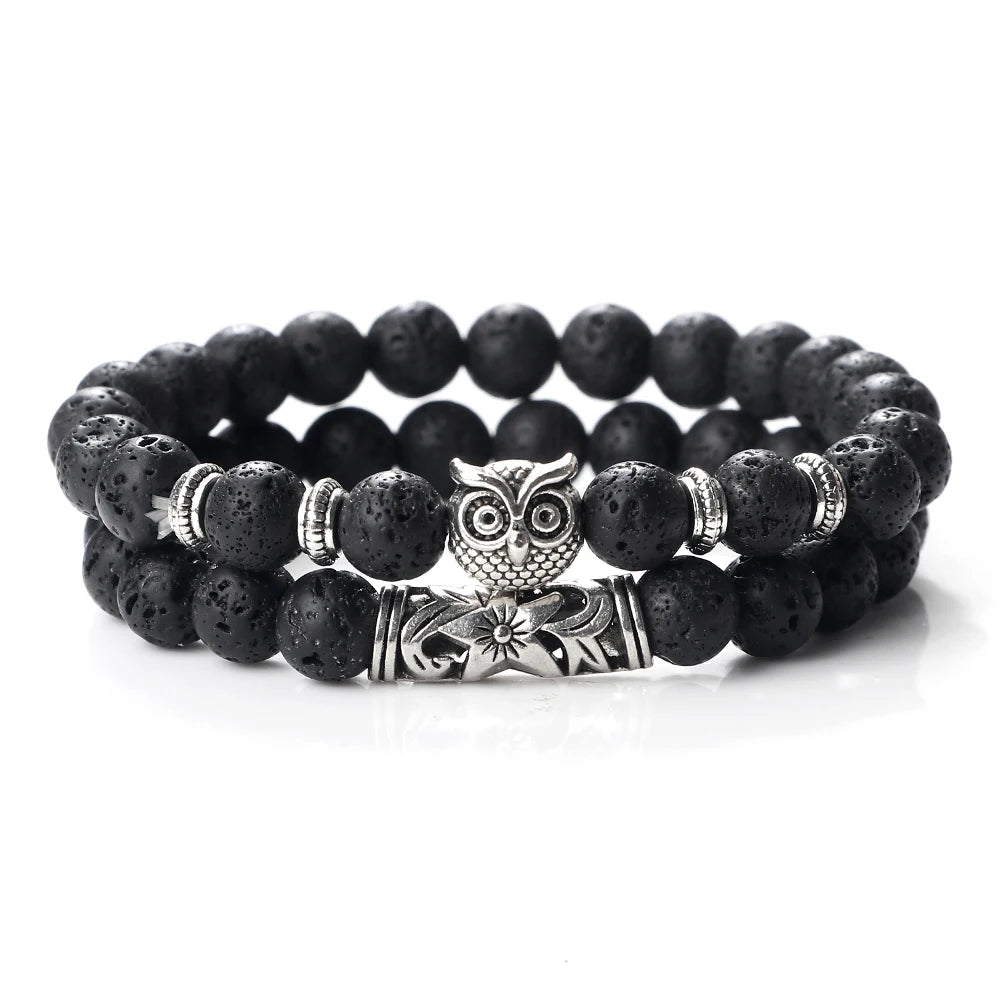 Fashion Natural Stone Beads Bracelet For Men Classic Owl Beaded Black Lava Onyx Beads Charm Bracelets Women Jewelry Couples Gift