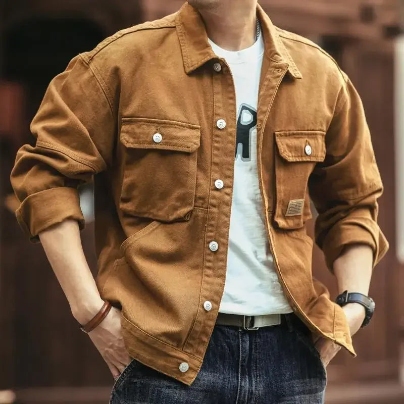 Cargo Oversize Cowboy Coat for Men Brown Cotton Denim Jackets Man Joker of Fabric Korea Japanese Retro Outwear Size L Lxury Worn