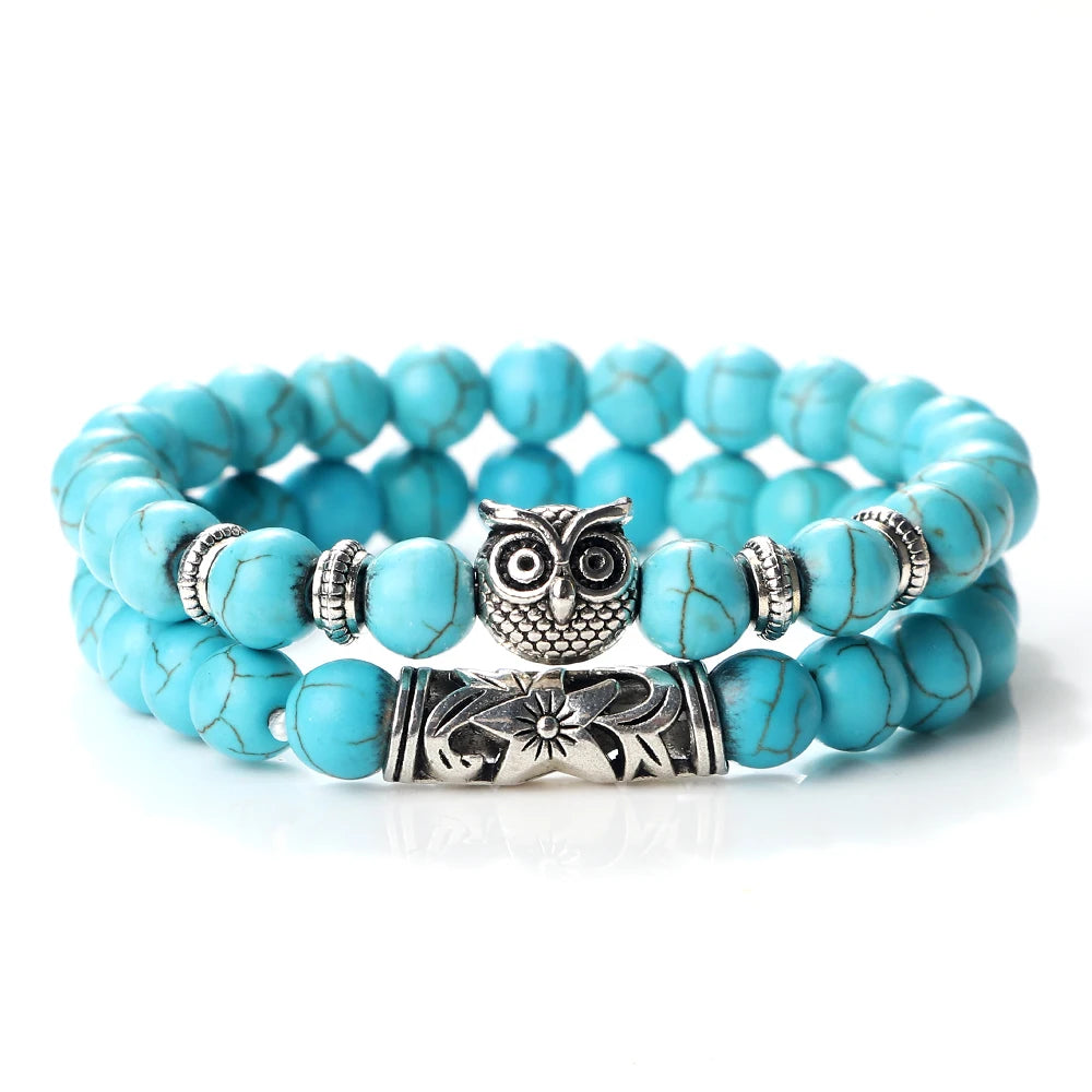 Fashion Natural Stone Beads Bracelet For Men Classic Owl Beaded Black Lava Onyx Beads Charm Bracelets Women Jewelry Couples Gift