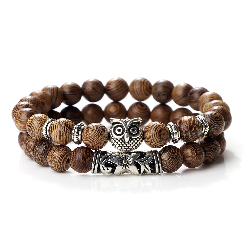 Fashion Natural Stone Beads Bracelet For Men Classic Owl Beaded Black Lava Onyx Beads Charm Bracelets Women Jewelry Couples Gift