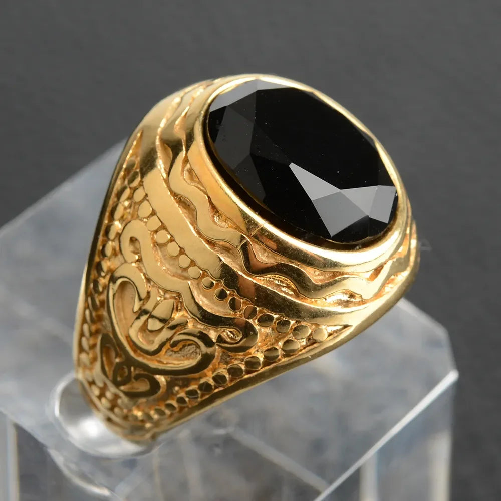 Handmade Navy Blue Stone Rings for Men Engraved Rock Punk Men's Stainless Steel Jewelry Boys Man Signet Ring Silver Gold Color