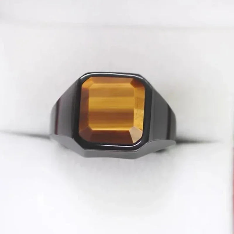 Vintage Men's Signet Rings Square Natural Tiger’s Eye Lapis Lazuli Stone Classic Male Stainless Steel Jewelry Gift for Boyfriend