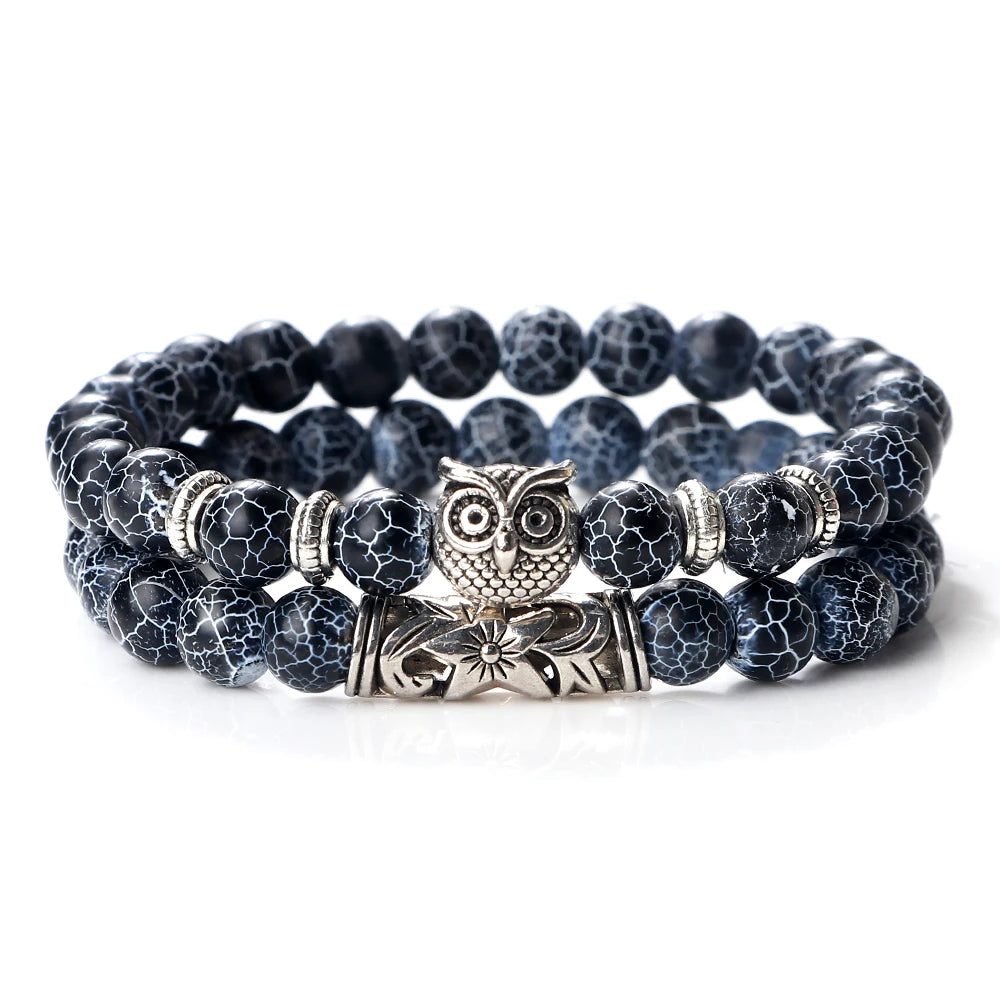 Fashion Natural Stone Beads Bracelet For Men Classic Owl Beaded Black Lava Onyx Beads Charm Bracelets Women Jewelry Couples Gift