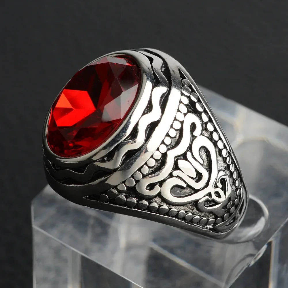 Handmade Navy Blue Stone Rings for Men Engraved Rock Punk Men's Stainless Steel Jewelry Boys Man Signet Ring Silver Gold Color