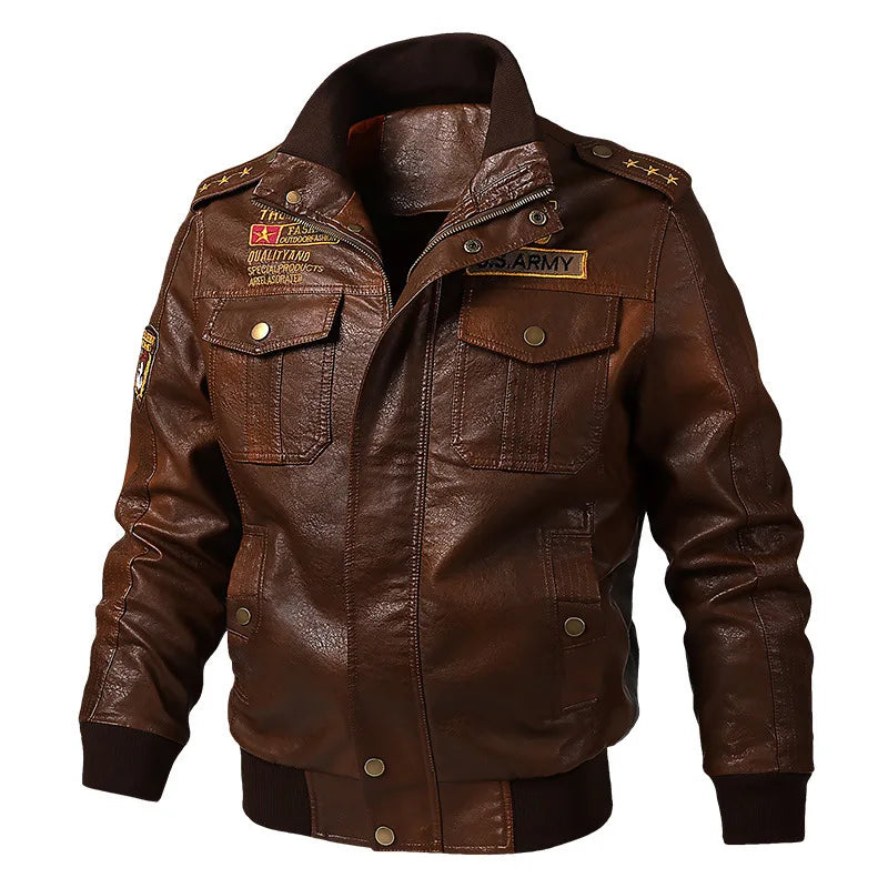 MAIDANGDI Men's Top Artificial Leather Jacket Men Plush Motorcycle Jacket Trend Youth Baseball Jersey Embroidered Dermis Leather