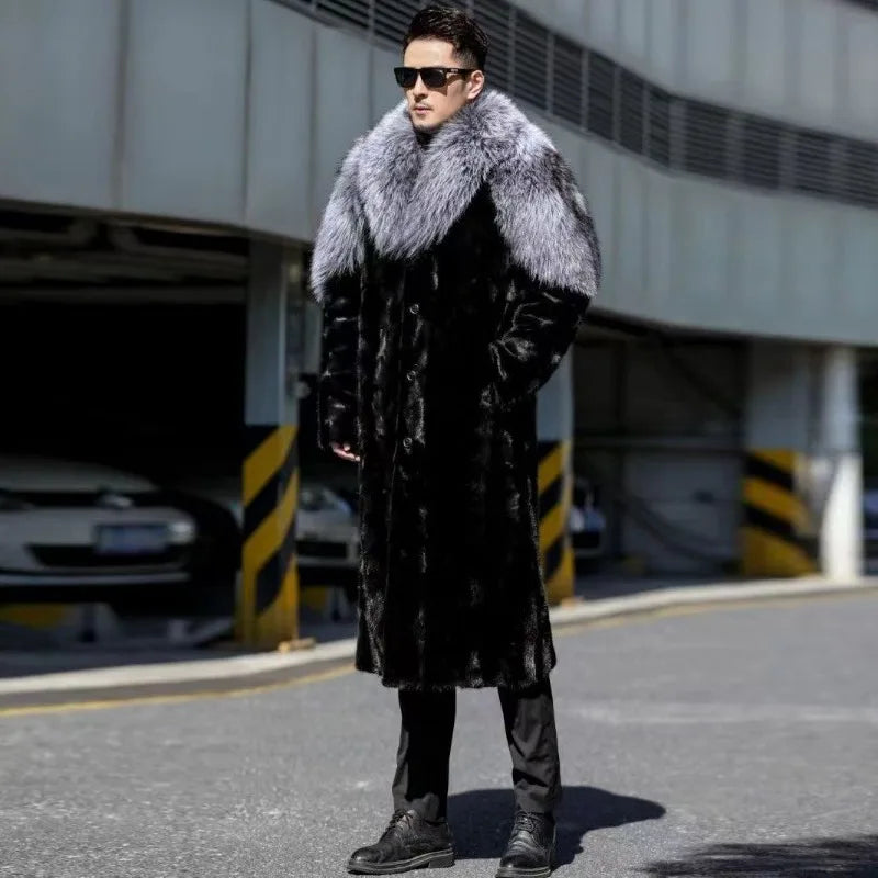 Men's Faux Mink Coat Winter Long Fur Coat Black Color Warm Windbreaker Plus Size Fur Collar Luxur Brands Men's Clothing Jackets