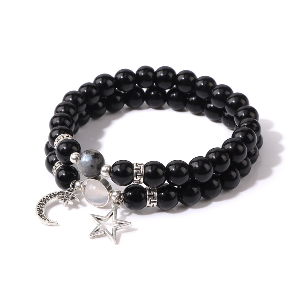 2pcs/set Star Moon Couples Labradorite Bracelet Natural Stone Black Onyx Opal Beads Stretch Bracelets for Women Men Jewelry Gift