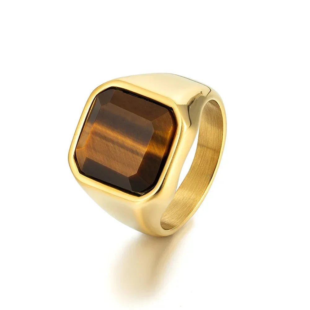 Vintage Men's Signet Rings Square Natural Tiger’s Eye Lapis Lazuli Stone Classic Male Stainless Steel Jewelry Gift for Boyfriend