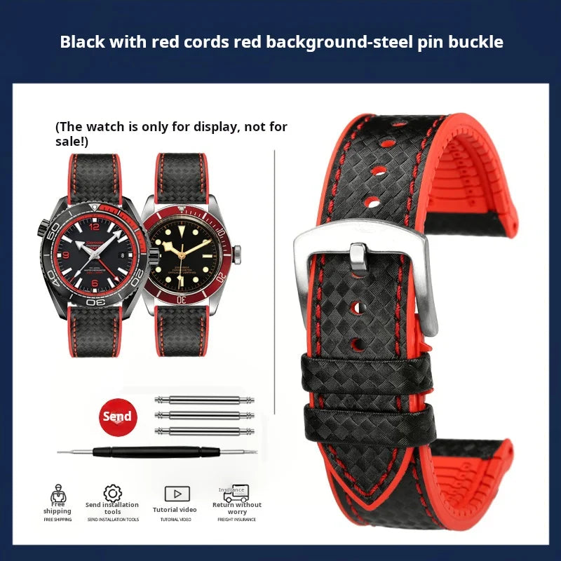 Men's Carbon Fiber Rubber Watchband For Omega SEAMASTER Tudor Black bay  Clasp Strap Watch band Men Orange White Red accessories