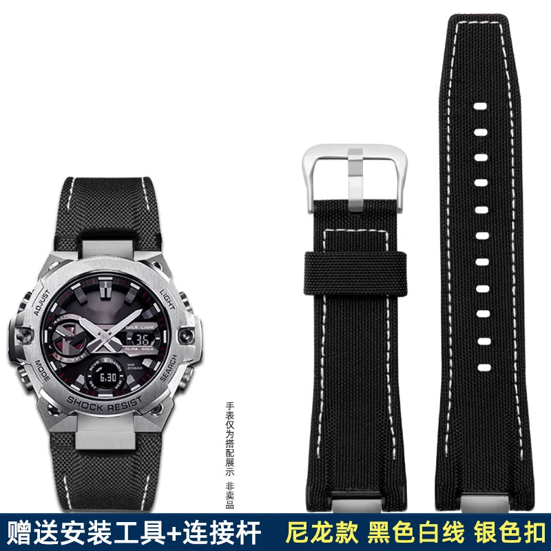 14mm Stainless Steel adapter Italian Genuine Leather Watchband For Casio G-Shock GST-B400 men cowhide Watch Strap nylon Bracelet