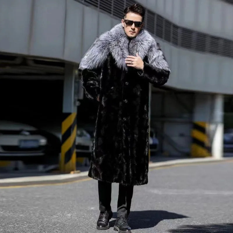 Men's Faux Mink Coat Winter Long Fur Coat Black Color Warm Windbreaker Plus Size Fur Collar Luxur Brands Men's Clothing Jackets