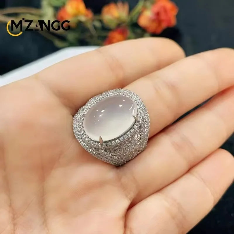 Natural White Agate Gemstone Ring 925 Silver Inlay Simple Exquisite High Ice White Chalcedony Ring Men and Women Holiday Gift