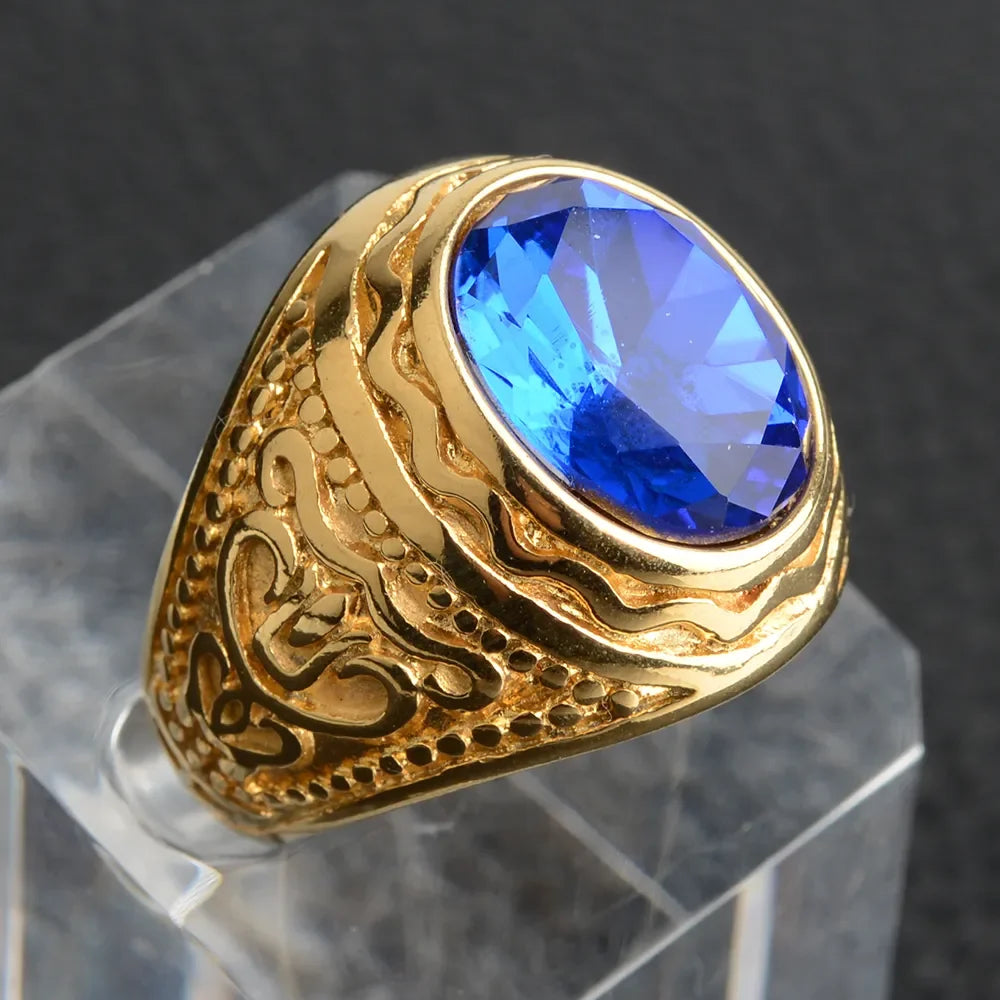 Handmade Navy Blue Stone Rings for Men Engraved Rock Punk Men's Stainless Steel Jewelry Boys Man Signet Ring Silver Gold Color