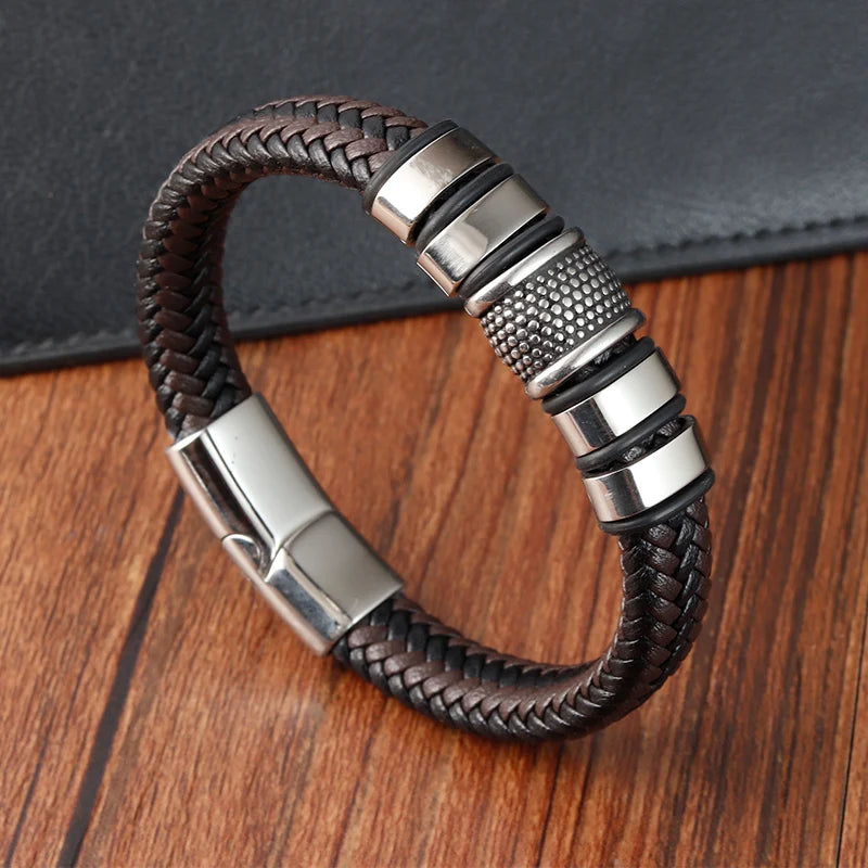 Brand Fashion Handmade Men's Leather Bracelet Trendy Classic Charm Braided Wrap Stainless Steel Bracelets Punk Bangles