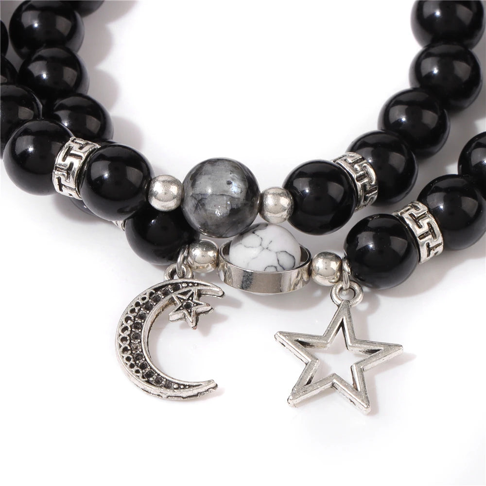 2pcs/set Star Moon Couples Labradorite Bracelet Natural Stone Black Onyx Opal Beads Stretch Bracelets for Women Men Jewelry Gift